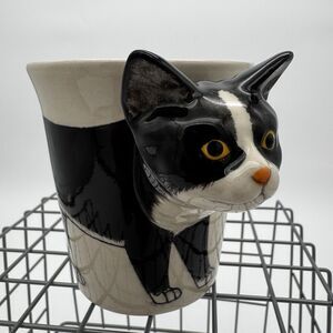 Handmade Ceramic Cat Coffee Mug Black White 10oz Thailand Tea Pencil Holder